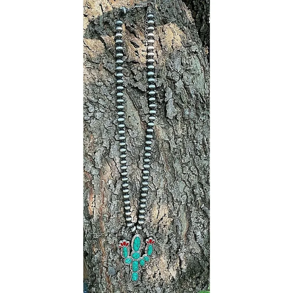 Summer Western southwest Saguaro Cactus Green Turquoise Flowers Pendant new - Picture 4 of 9